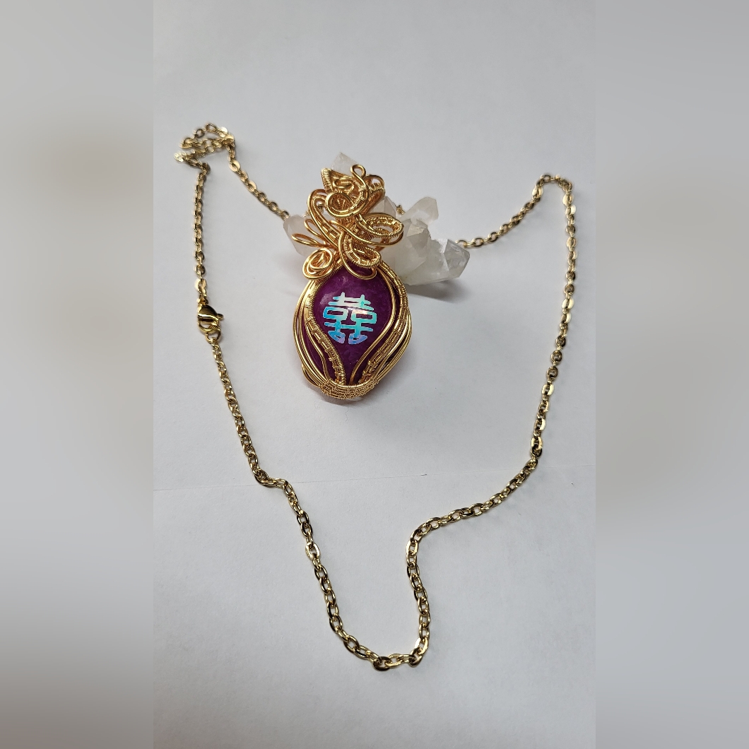 Dyed Natural Quartz With Double Happiness Symbol,Wire Wrapped,Pendant Necklace